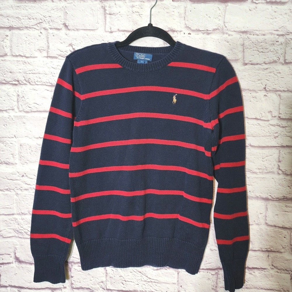 Polo Ralph Lauren Crew Neck Boys Sweater Large Navy Red‎ Stripe Pony Preppy